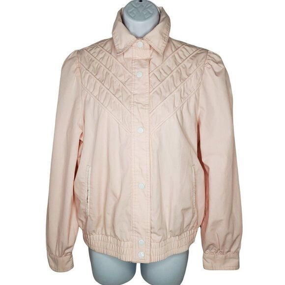 Vintage 80s Baby Pink Jacket Cotton Blend Sz S Snap Closure Gathered Shoulders - Picture 2 of 11